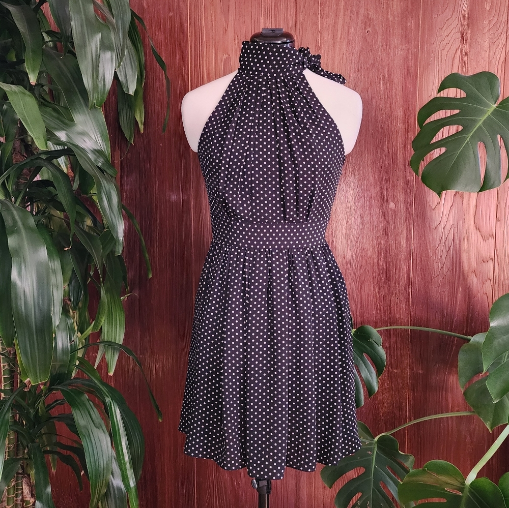 Express Retro Black & White Polka Dot Print Keyhole Halter Mini Dress Size Small